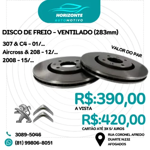 Par de Discos de freio ventilados, Citroen e Peugeot 283mm