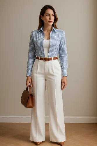 Conjunto Social Feminino Alfaiataria Calça Pantalona + Camisa e Cropped