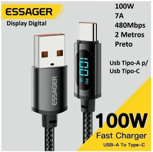Cabo usb Tipo A p/ Tipo C 7A 100W 20V Essager Display Digital Qc 4.0 Samsung Macbook Apple
