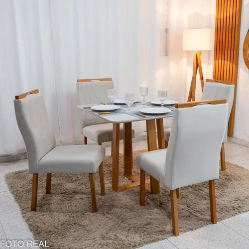 Mesa de Jantar 90x90 Vidro Madeira + 4 Cadeiras Veludo