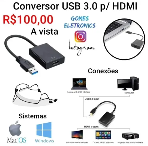 Conversor USB para HDMI p/ Computador e Notebook R$100,00 