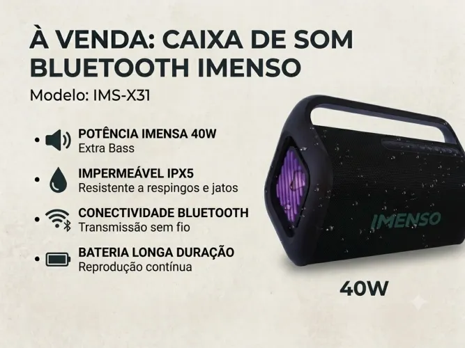 Caixa de Som Bluetooth 40W Extra Bass IPX5 - Nova