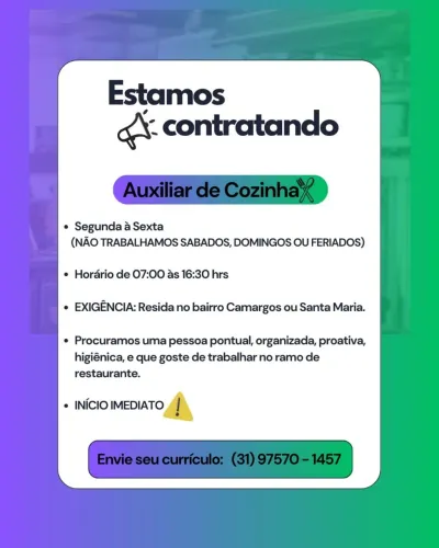 Vaga de Emprego - Auxiliar de Cozinha