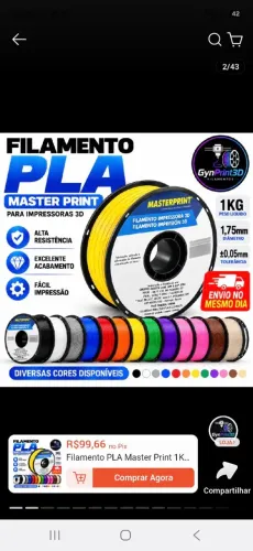 Filamento PLA 1Kg 1.75mm Masterprint para impressora 3D