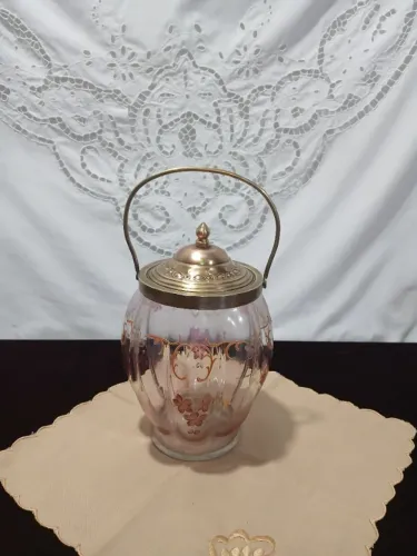 Antiga Biscoiteira Bomboniere Vidro E Metal Pintura Flores