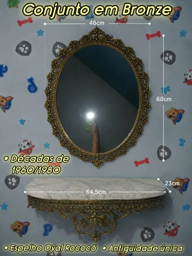 Espelho Oval Rococó + Aparador em Mármore Vintage Antigo