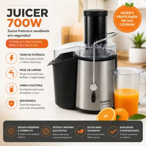 Potente Centrífuga Juicer Mondial Premium 700W Inox - Extrator de Frutas + Jarra Coletora