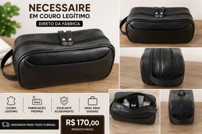 Necessaire em Couro Legítimo Preta - Direto da Fábrica