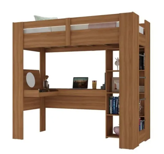 Cama Alta Multifuncional com Escrivaninha e Penteadeira (Nogal)