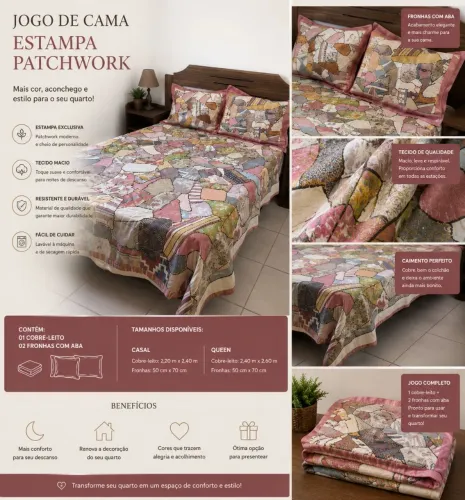 Jogo Colcha Casal Patchwork Artesanal Crazy Quilt + 2 Fronhas 