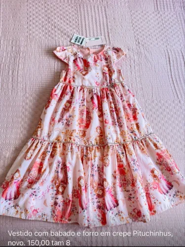 Vestido com babado e forro em crepe Pituchinhus, novo