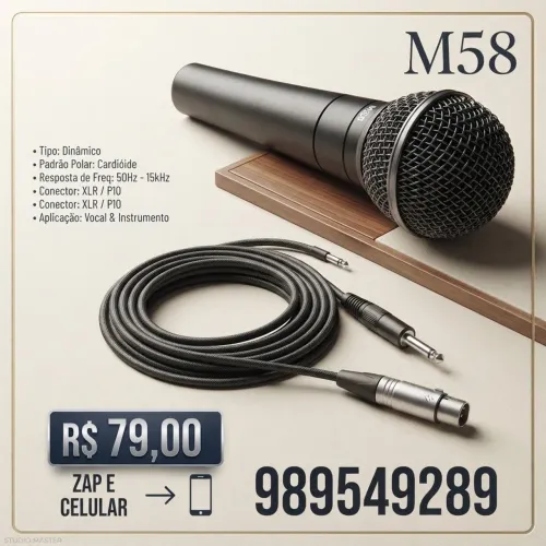 Microfone Dynamic M-58 Dinâmico Cardioide Metal
