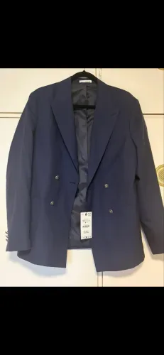 Blazer Zara 50, lã fria transpassado azul marinho