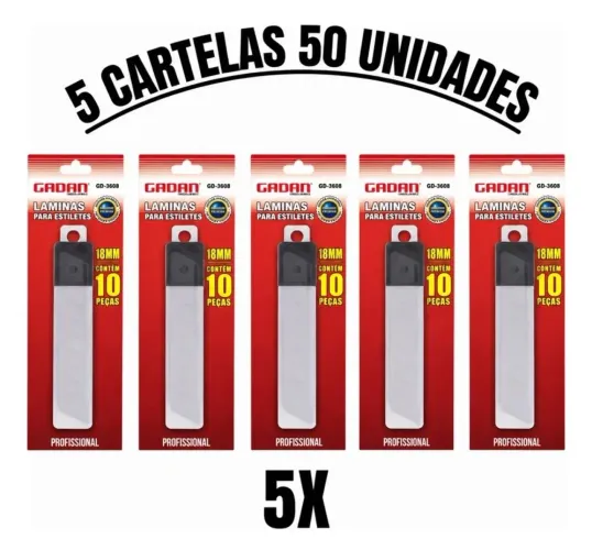 Kit 5 Lâmina Estilete Gadan 18mm 50 Lâmina Profissionais 