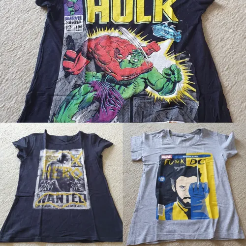 Kit 3 Camisetas Femininas Babylook Heróis Marvel e Dc - Batman, Hulk, Wolverine P