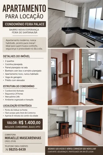 Apartamento novo para aluguel - condomínio Feira Palace
