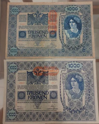 Lote 2 cédulas Áustria 1000 Kronen 1902