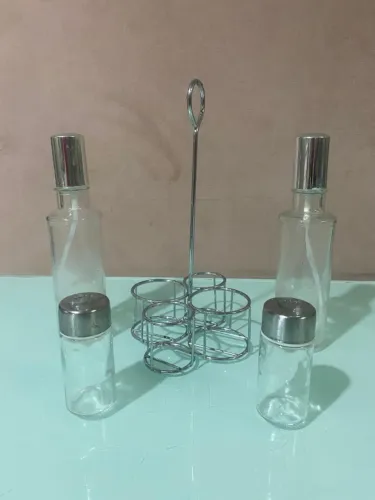 Conjunto Galheteiro 4 Peças Azeite Vinagre e Condimentos com Suporte Cromado