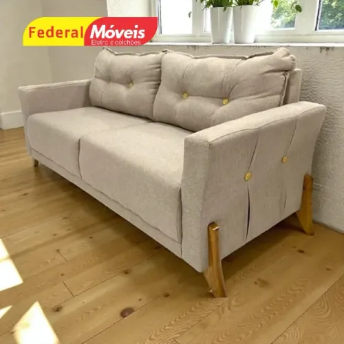 Sofá 1,70m Pés Madeira Tecido Linho - Oferta Imperdível!