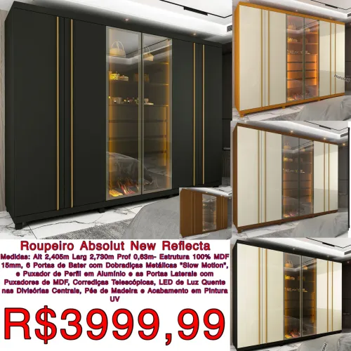 Guarda roupas Luxo Absolut new reflecta 2.73m luz led 100% mdf / frete grátis 