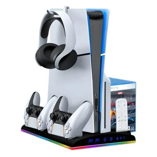 Base Cooler Para Ps5 Slim/Fat Suporte Para Fone Carregador 2 Controles Led Rgb - Novo