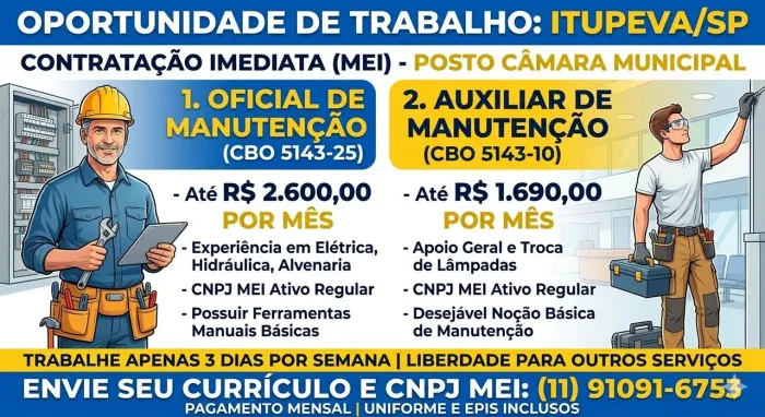 Vaga para oficial de manutenção e uma para auxiliar de manutenção predial