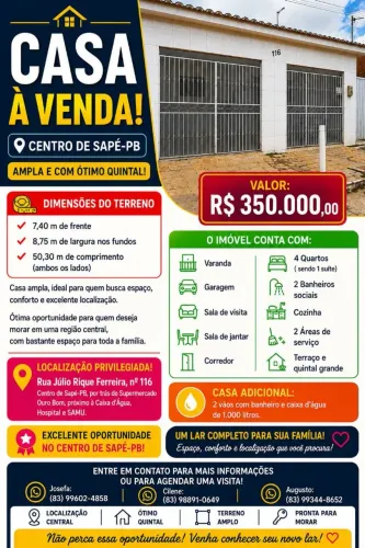 Vende-se: Casa com 4 quartos, Varanda, Garagem, 2 Salas, 3 banh. 1 suíte, área serv, Quint