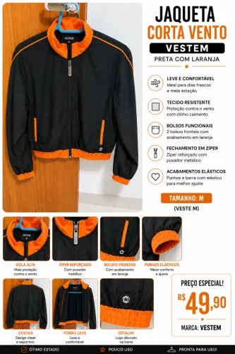 Jaqueta Corta-Vento Vestem Preta e Laranja - Tam. M