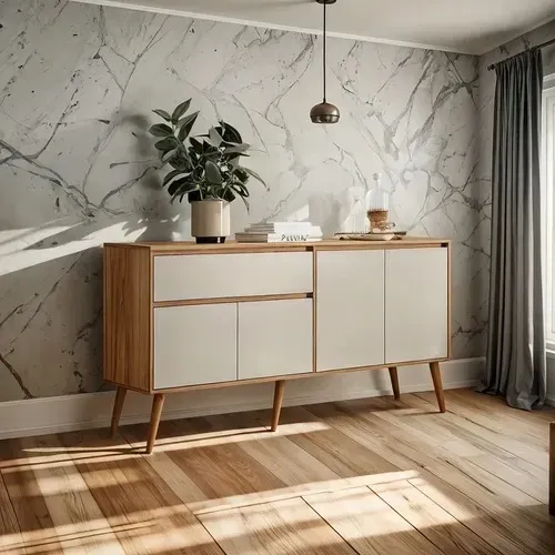 APARADOR PARA SALA - 4 Portas + 1 Gaveta - Design Retrô com Pés Estilo Palito - 160cm Larg