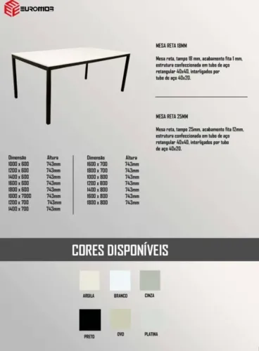 Mesa Reta Nova | Base em Aço e Tampo MDF | Euromob