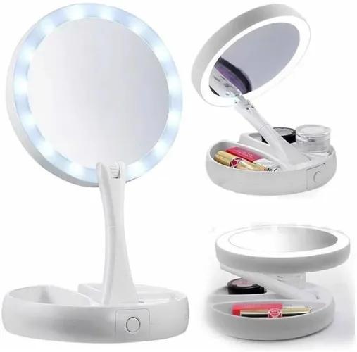 Espelho Portátil - Articulado com Iluminação LED Dupla Compacto, Dobrável