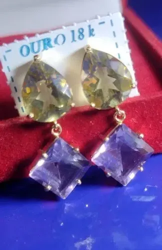 Conjunto Ouro 18 Kilates Pedras Zircônias Anel Ametista 3.50 Gramas 10x8 mm e Brincos Amet