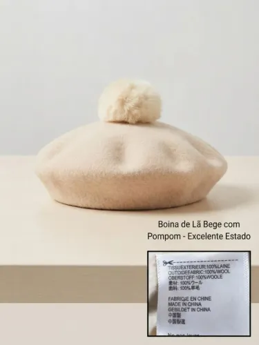 Boina de Lã Bege com Pompom 100% Lã - Excelente Estado