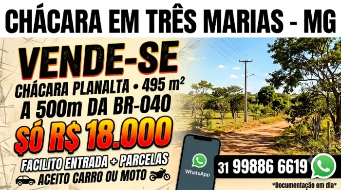 Chácara Plana em Três Marias (A 500m da BR-040) - Aceito Troca
