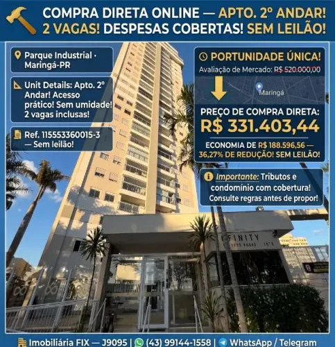 ? COMPRA DIRETA ONLINE ? MARINGÁ-PR ? 2º ANDAR! SEM LEILÃO!