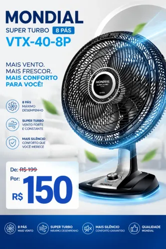 Lacrado e Novo Ventilador Mondial 40cm Super Turbo 8 Pás, Preto/Prata, 140W, 220V - VTX-40