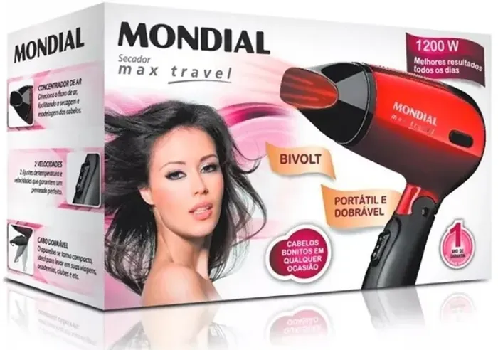 Secador de Cabelo Max Travel 1200W SC-10 Vermelho-Preto Bivolt Novo com Garantia