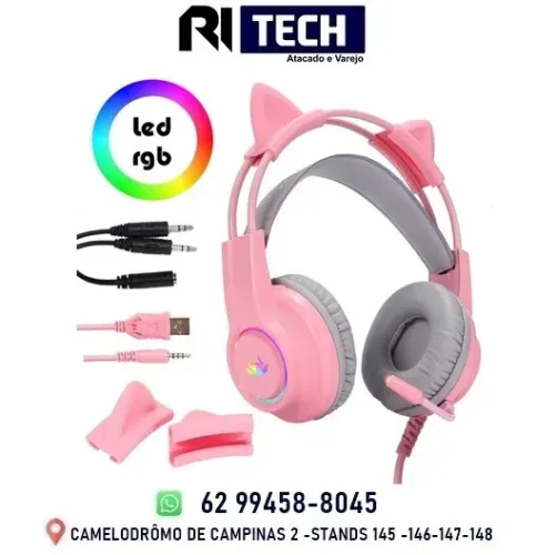 Fone De Ouvido Headset Gamer Gatinho Kp-ga04 Com Fio e Microfone RGB USB P2