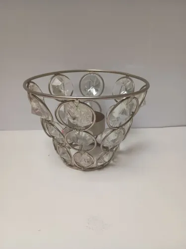 Porta vela em metal com miçanga em acrílico altura 9 x 13 cm