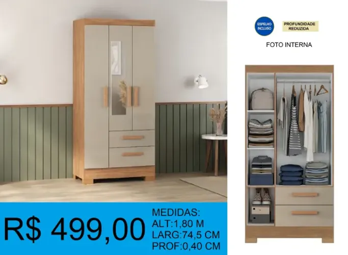 GUARDA ROUPA COMPACTO DE 3 PORTAS E DUAS GAVETAS