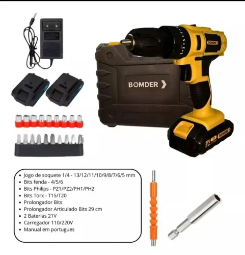 Parafusadeira Bomder sem fio 21v 2 baterias bivolt