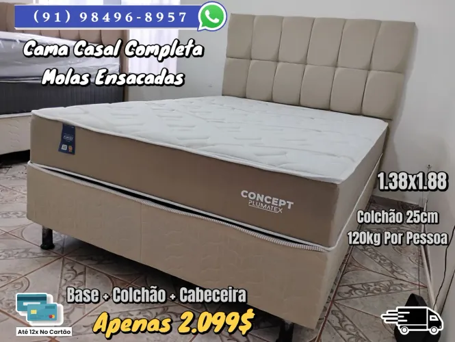 CAMA DE CASAL COMPLETA, BASE + COLCHÃO + CABECEIRA 