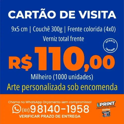 Cartões de Visita 9x5 cm, Papel Couchê 300 g, 