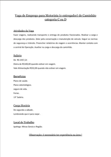 Vaga para Motorista de caminhão categoria C ou D