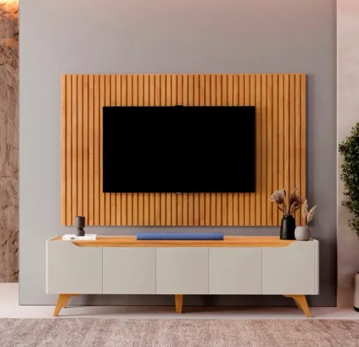 Conjunto Painel e Rack Ancona 220 Off White e Naturale