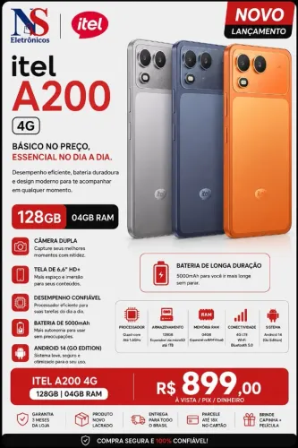 Smartphone Itel A200 Dual SIM 4GB RAM 128GB 4G LTE Tela 6.75 120Hz Câmera Lacrado Entrega