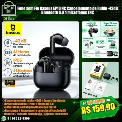 Fone sem Fio Baseus EP10 NC Cancelamento de Ruído -43dB Bluetooth 6.0 4 microfones ENC