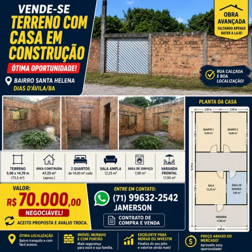 Vende-se terreno com casa em construção.