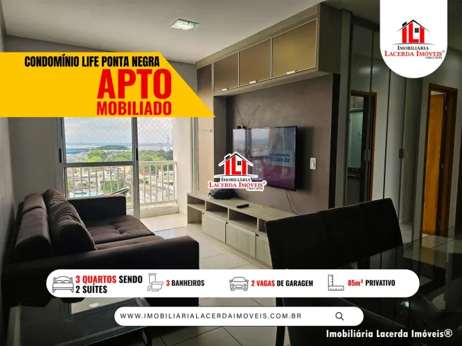 Life Ponta Negra, 85M², 3 quartos sendo 2 suites, 2 vagas, 100% MOBILIADO, VISTA PONTE