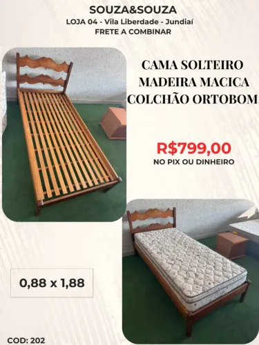 Cama de Solteiro de Madeira Maciça Colchão Ortobom